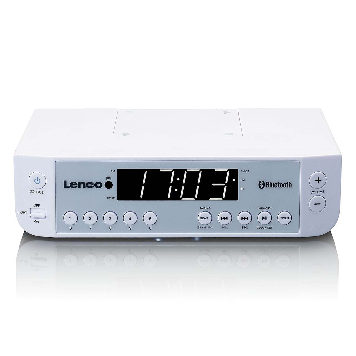 Lenco FM-køkkenradio med Bluetooth LED-belysning og timer i hvid farve med digitale knapper og en klar skærm der viser tiden 17:03