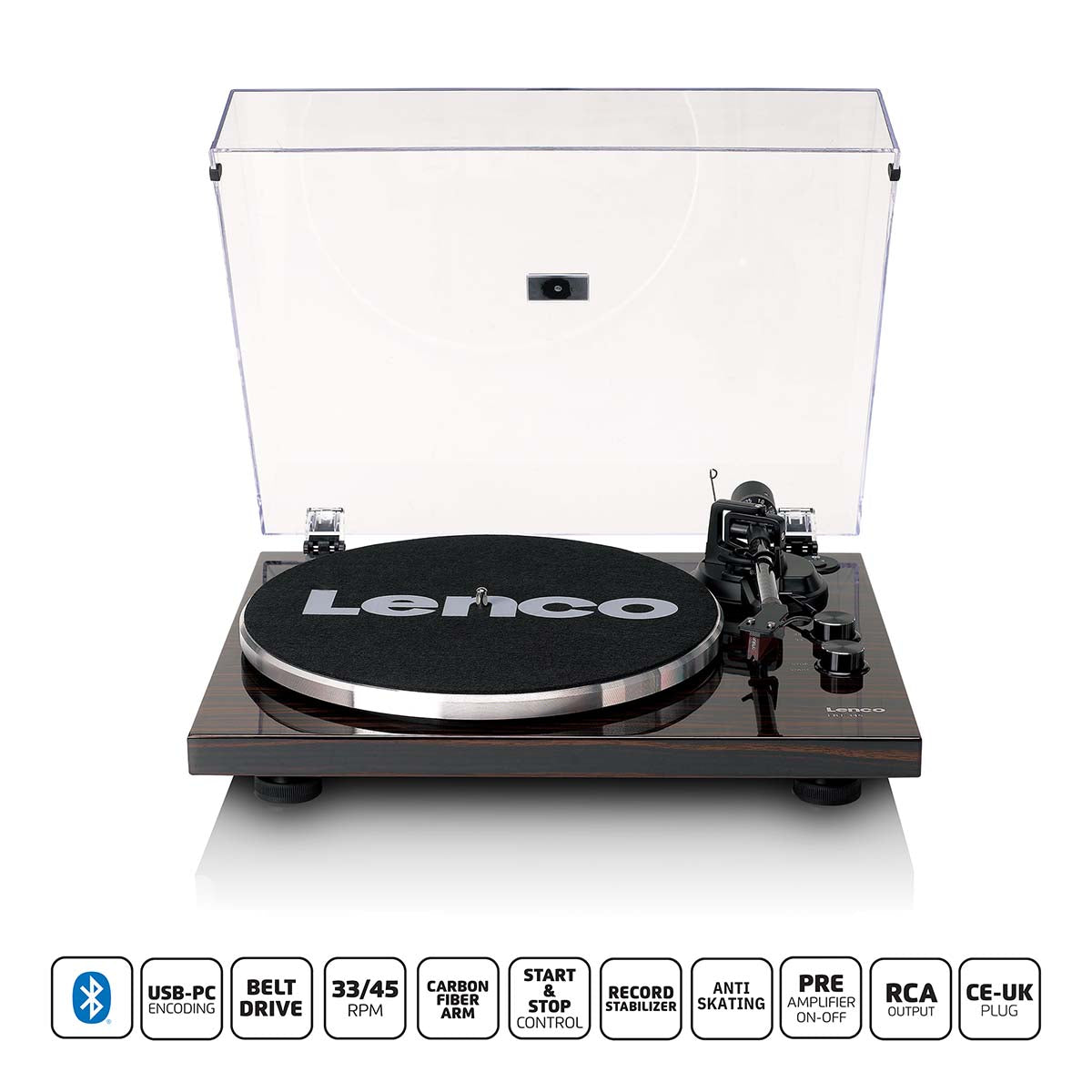 Lenco - Pladespiller med Bluetooth® og Ortofon 2M Red-patron, inklusive forkromet pladestabilisator Walnut - LBT-345WA