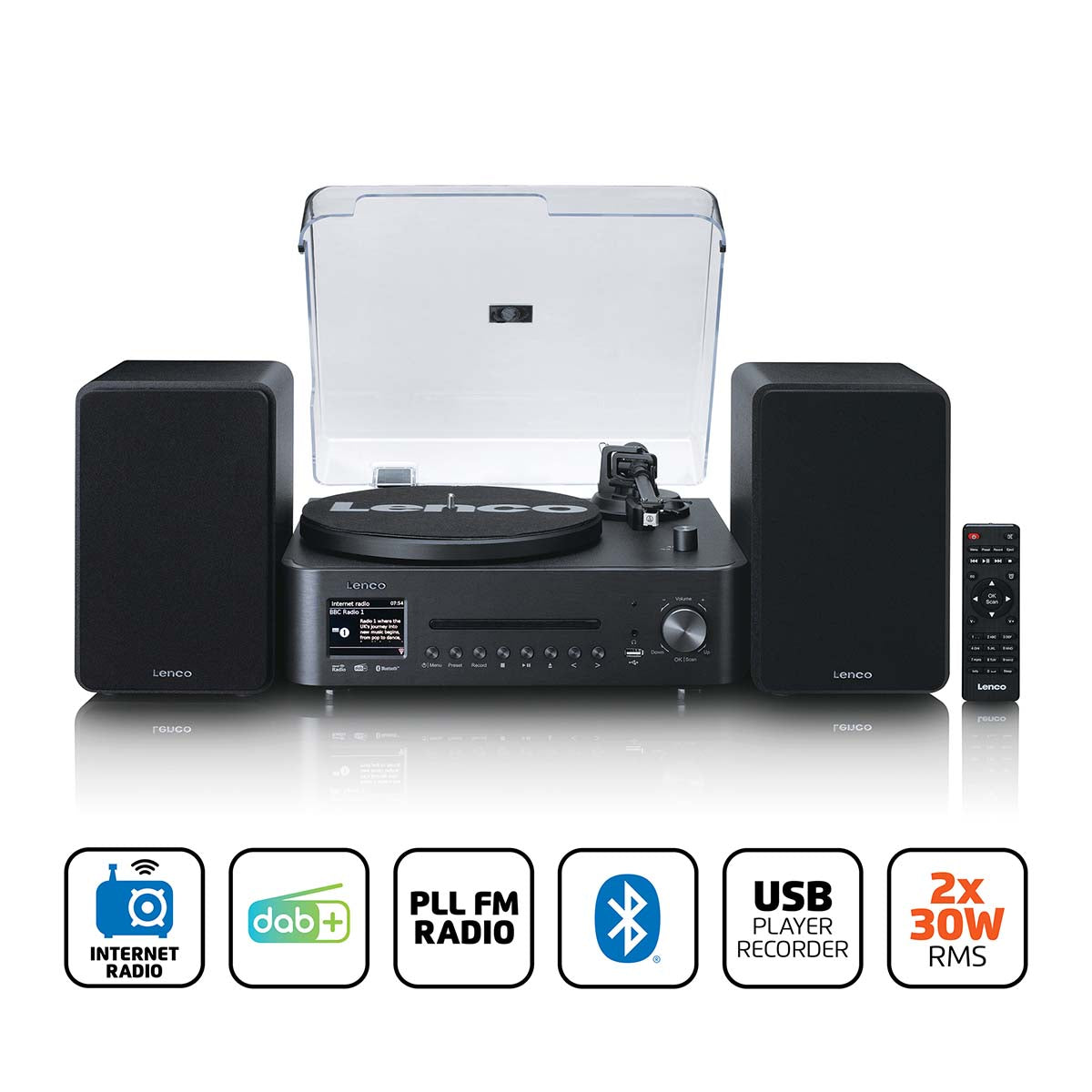 Lenco - HiFi-sæt med internet, DAB+, FM-radio, CD/MP3-afspiller og pladespiller - MC-760BK