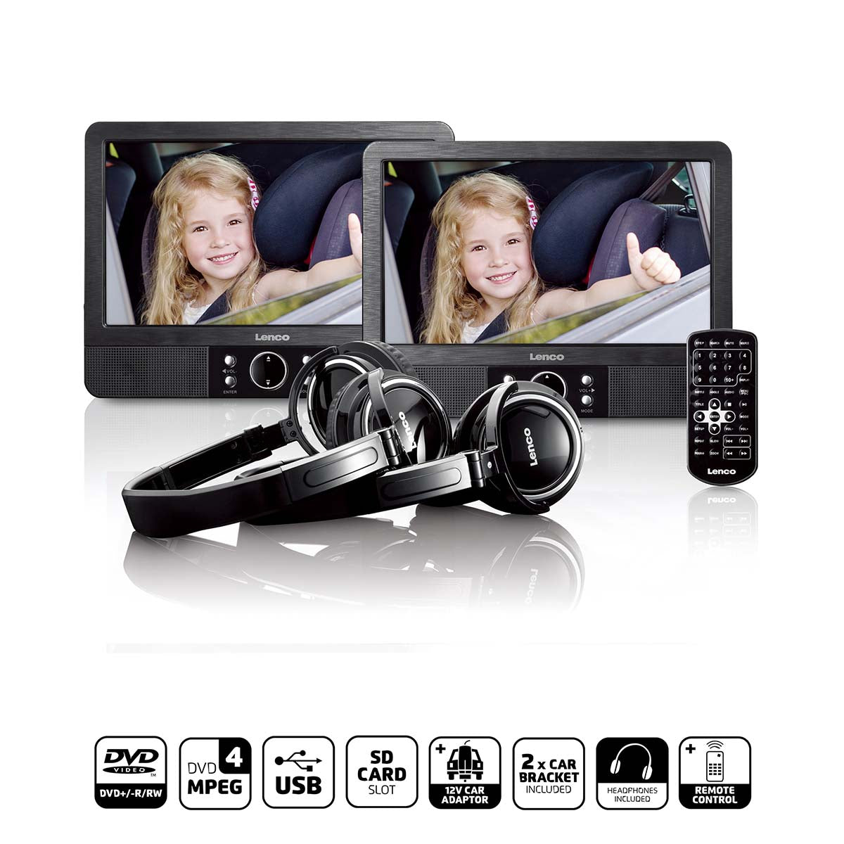 Lenco 9 tommer DVD-dobbeltskærm med beslag og hovedtelefoner i sort med en pigesmilende ansigt på skærmen og en fjernbetjening til højre for skærmen