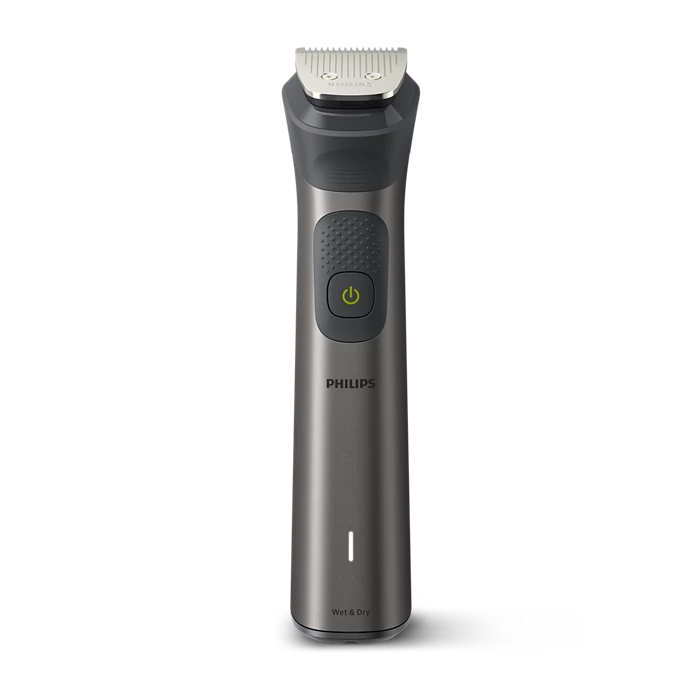 Philips MG7920/15 Series 7000 All-in-One Trimmer i grå farve med en flad top og knap til tænd/sluk samt et tekstureret greb som er designet til at trimme ansigt, hoved og krop