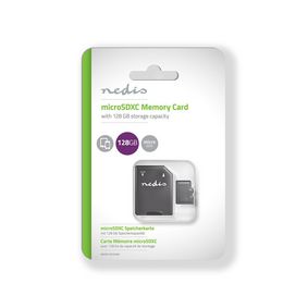 Nedis microSDXC hukommelseskort på 128 GB med skrivehastighed på 90 MB/s og læsehastighed på 45 MB/s inkluderer SD adapter emballage med produktinformation
