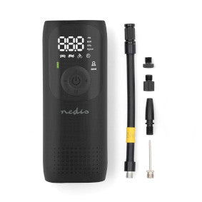 Nedis genopladelig luftkompressor med digitalt display og tilbehør herunder Dunlop ventil og forskellige adapters til forskellige formål