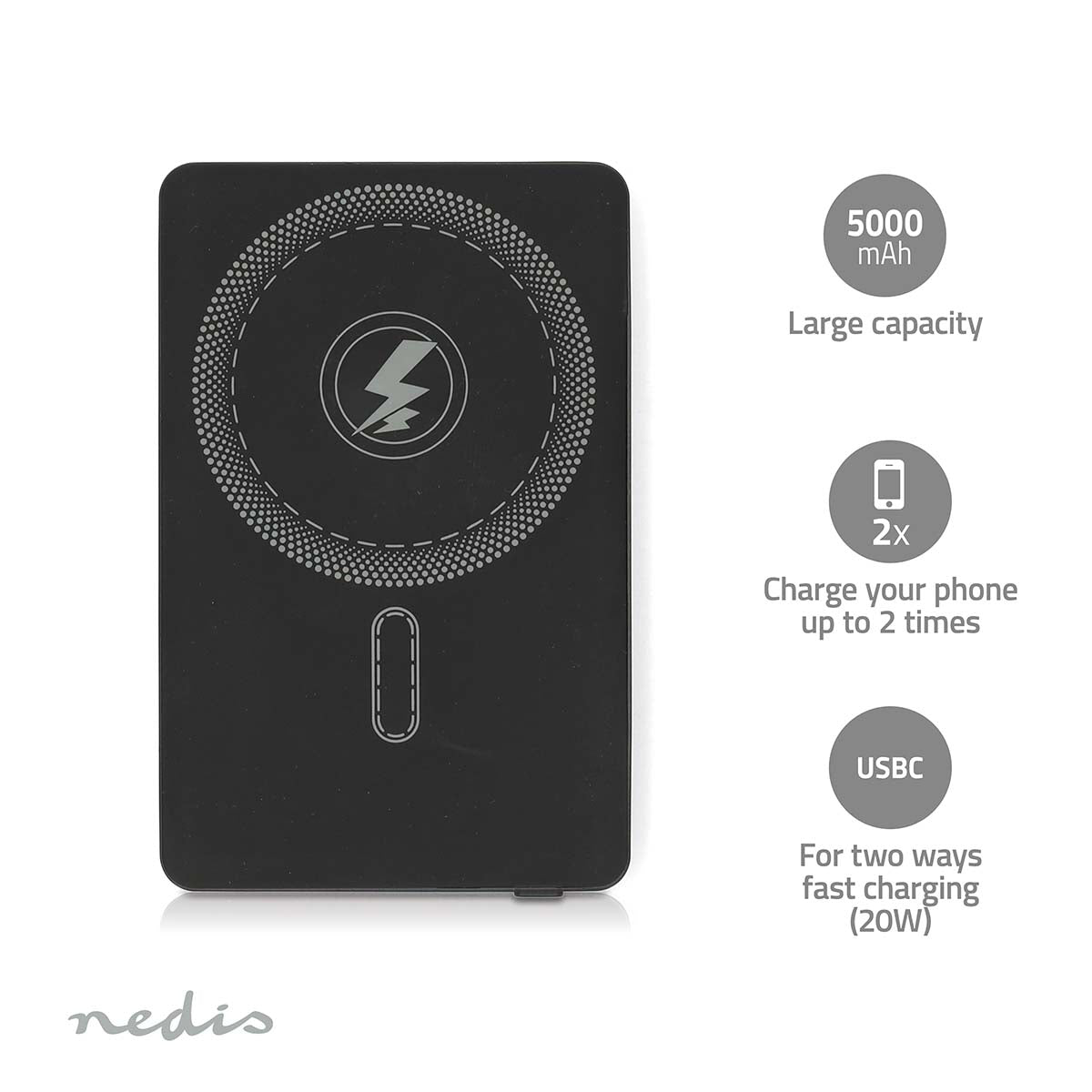 Nedis - Powerbank | 5000 mAh | Trådløs opladning | 1.67 / 2.22 / 3.0 A | Antal output: 1 | Output tilslutning: 1x USB-C™ | Input forbindels: 1x USB-C™ | PD3.0 20W | Lithium-polymer - PBKWL20W025BK