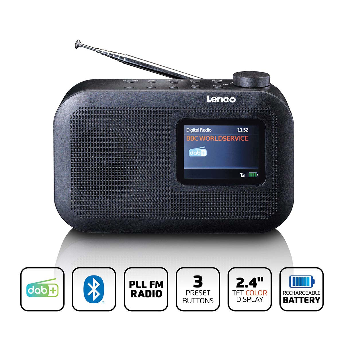 Lenco - Bærbar DAB+/FM-radio med Bluetooth® farvedisplaybatteri Sort - PDR-026BK