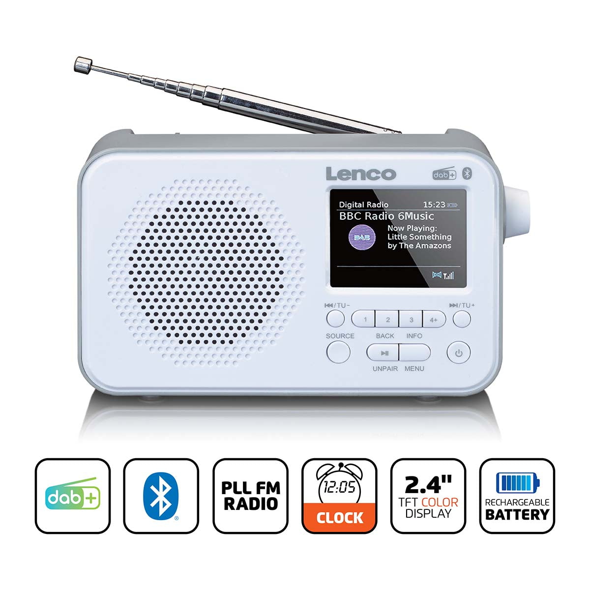 Lenco - Bærbar DAB+ FM-radio med Bluetooth® 2,4" TFT-skærm Hvid - PDR-036WH