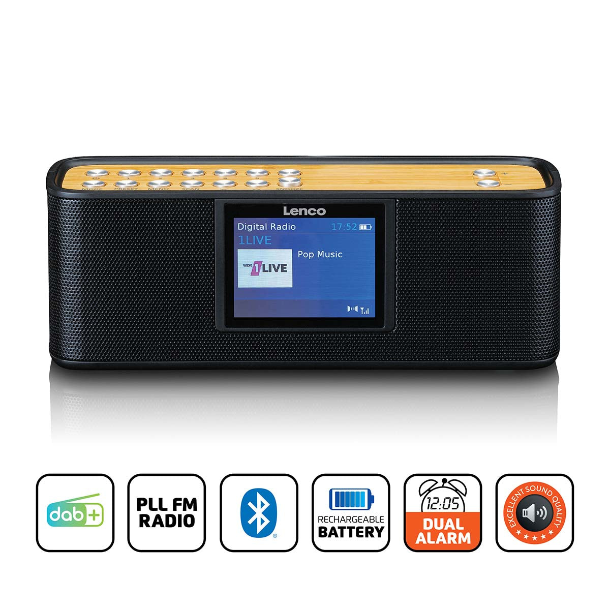 Lenco - DAB/FM med 2,4" farvedisplay Bluetooth® genopladeligt batteri Sort - PDR-045BK