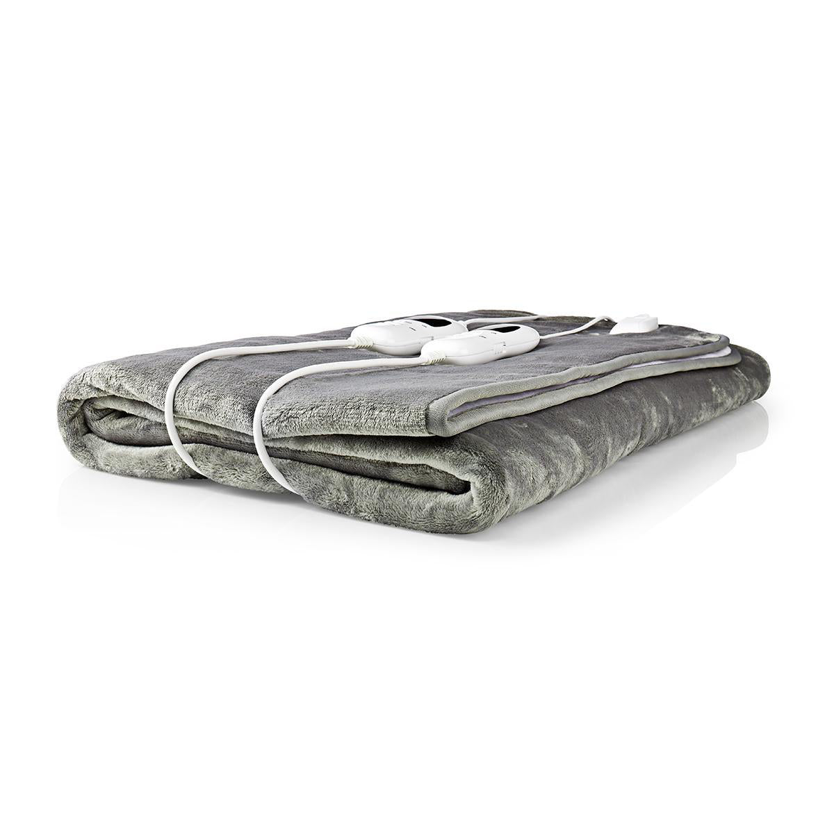 Nedis elektrisk tæppe til to personer i grå fleece og polyester størrelse 160 x 140 cm med to kontrol enheder og ni varmeindstillinger samt overophedningsbeskyttelse og vaskbar funktion pakket sammen