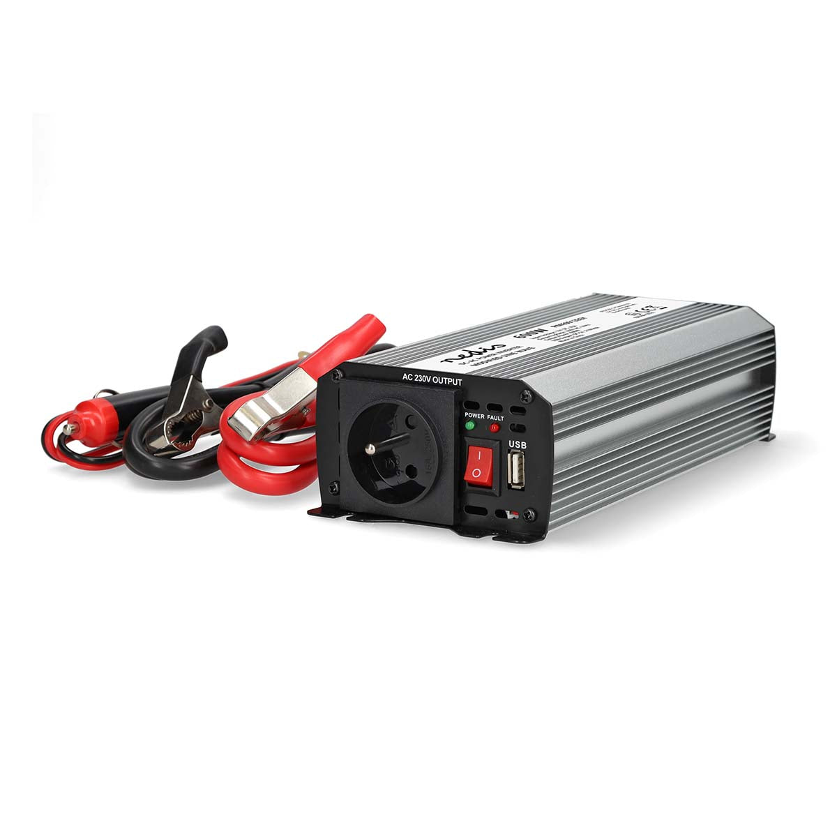 Nedis - Power Inverter Modificeret sinus | Indgangsspænding: 12 V DC | Enhedens strømudgangsforbindelse: Type E (CEE 7/5) / USB-A | 230 V AC 50 Hz | 600 W | Peak-effekt: 1200 W | Batteriklemmer + cigarettænder | Sølv - PIM60012EGY