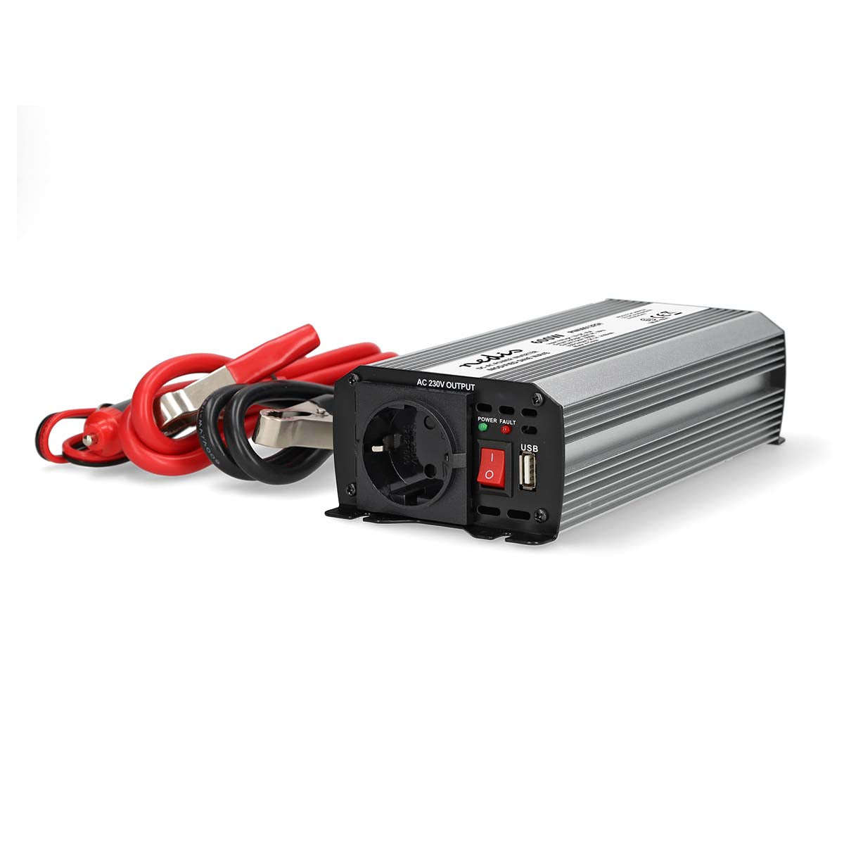 Nedis - Power Inverter Modificeret sinus | Indgangsspænding: 12 V DC | Enhedens strømudgangsforbindelse: Type F (CEE 7/3) / USB-A | 230 V AC 50 Hz | 600 W | Peak-effekt: 1200 W | Batteriklemmer + cigarettænder | Sølv - PIM60012FGY