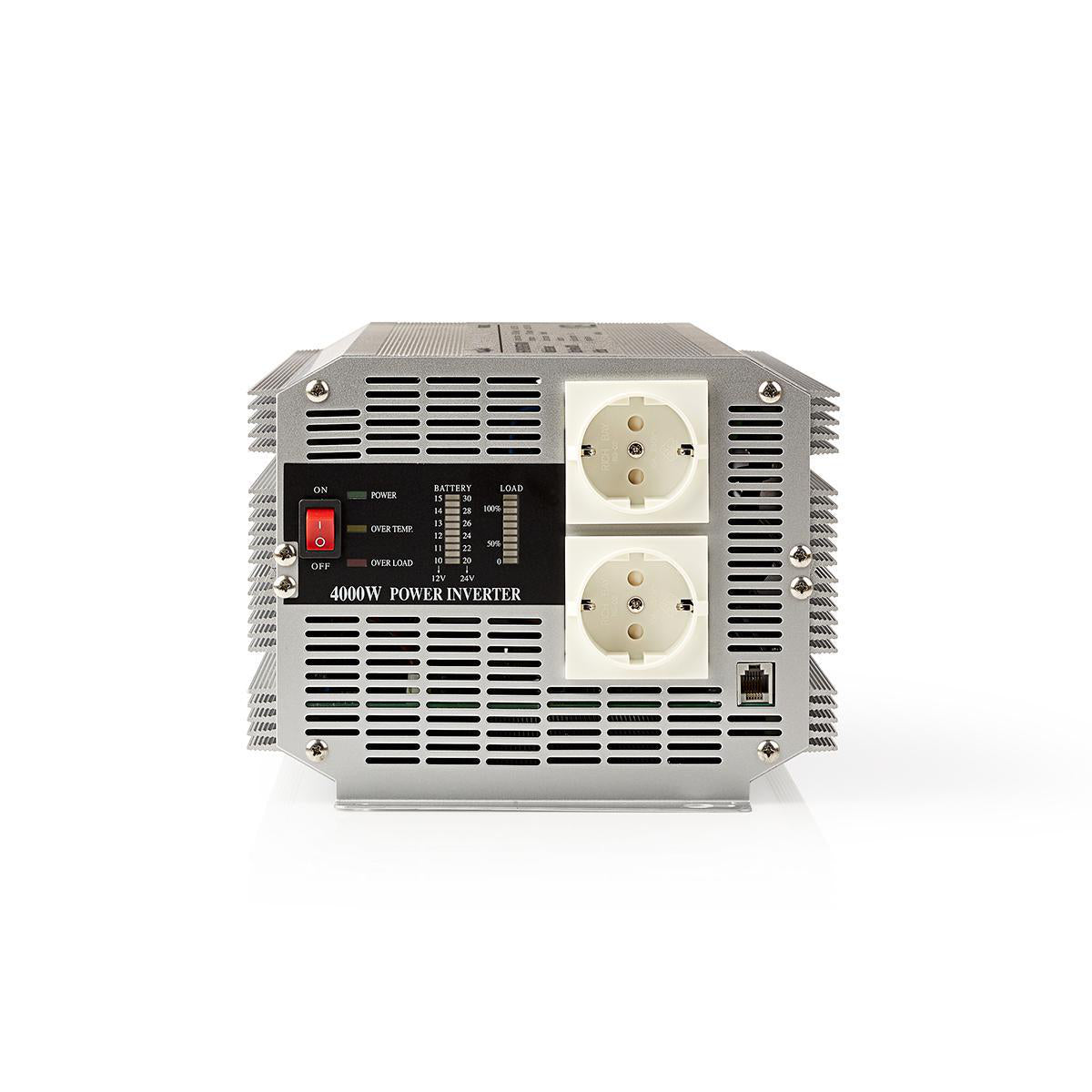 Nedis - Power Inverter Modificeret sinus | Indgangsspænding: 12 V DC | Enhedens strømudgangsforbindelse: Type F (CEE 7/3) | 230 V AC 50 Hz | 4000 W | Peak-effekt: 8000 W | Skrueterminal | Sølv - PIMS400012