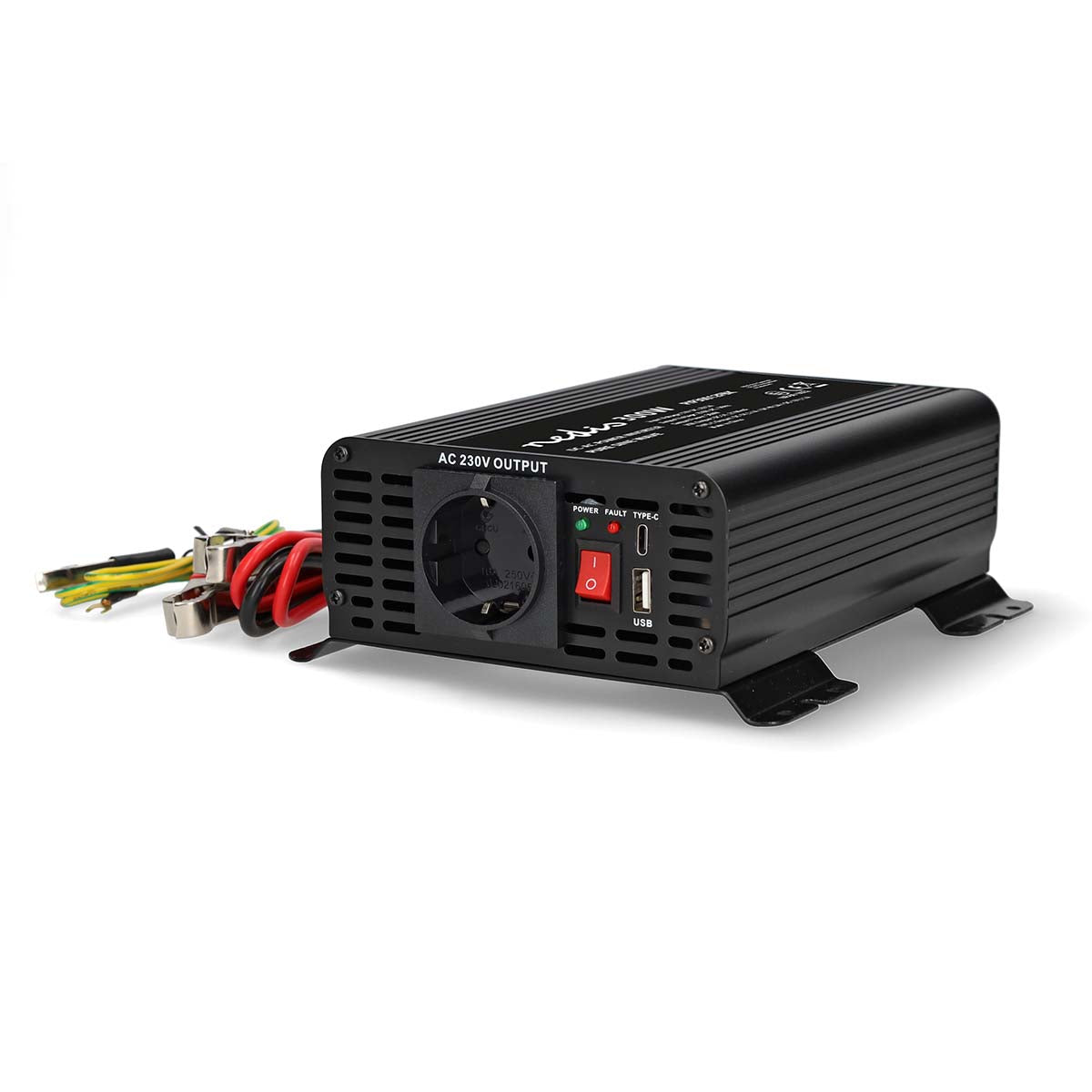 Nedis - Vekselretter med Ren Sinusbølge | Indgangsspænding: 12 V DC | Enhedens strømudgangsforbindelse: Type F (CEE 7/3) / USB-A / 1x USB-C™ | 230 V AC 50 Hz | 300 W | Peak-effekt: 600 W | Skrueterminal | Ren Sinuskurve | Sikring | Sort - PIP30012FBK