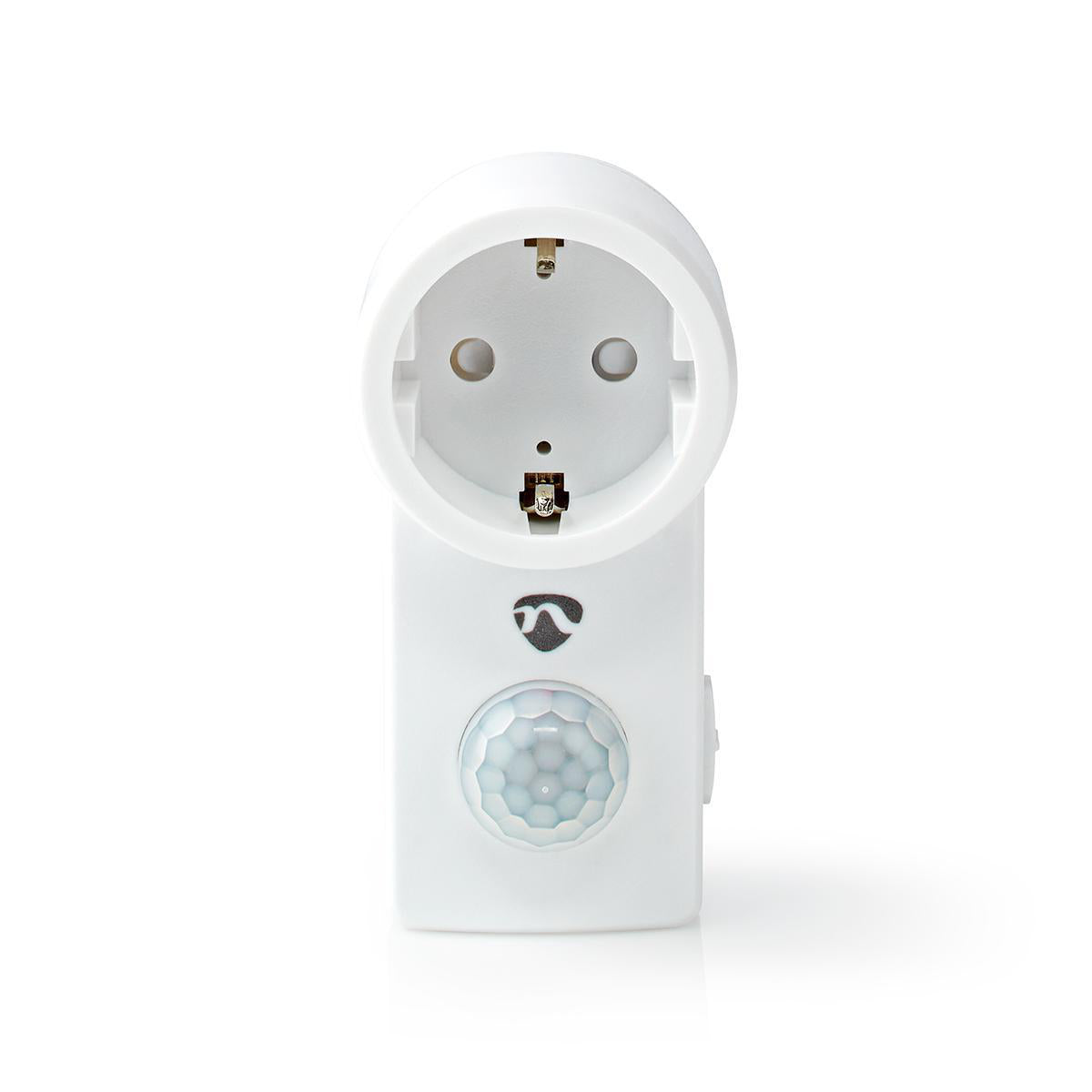 bevægelsesdetektor fra Nedis til indendørs brug med Type F stik CEE 7/7 designet i hvid farve, udstyret med PIR sensor, der registrerer bevægelse inden for en radius af op til 9 meter, egnet til belastninger fra 5 til 300 watt, ideel til automatisk lysstyring med en lux følsomhed mellem 3 og 2000 Lux