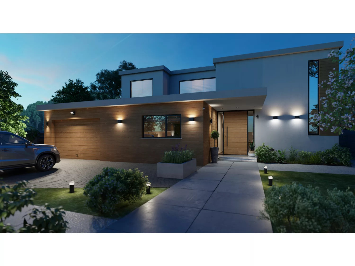 Philips Hue Dymera væglampe monteret på moderne husfacade oplyser indgangsareal om aftenen med lys der fremhæver den arkitektoniske detalje og omgivelserne
