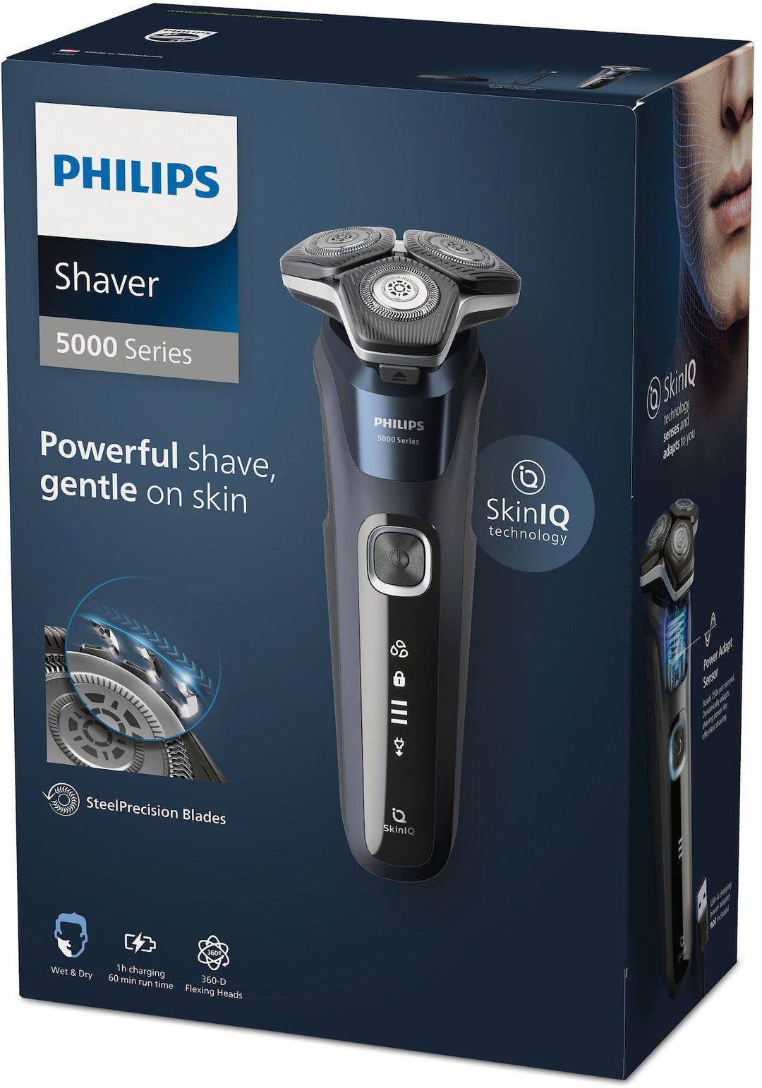Philips S5885/25 elektrisk barbermaskine pakket i æske med tre fleksible barberhoveder og SkinIQ teknologi, teksten fremhæver skånsom og effektiv barbering samt SteelPrecision blade, visning af batteri- og ladestatus, angivelse af brug ved våd og tør barbering.