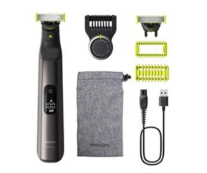 Philips OneBlade Pro 360 Ansigt og krop QP6552/15 med sort og grøn design inklusiv trimmer, længdeindstillinger, opladningskabel og opbevaringspose i gråt stof
