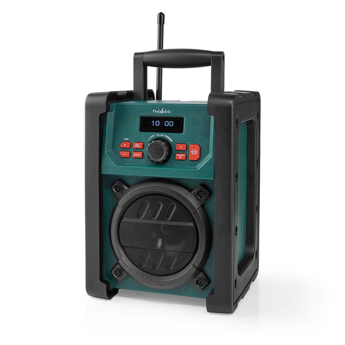 Nedis DAB+ radio designet til byggepladser med DAB+ og FM funktioner, 2.2 tommer skærm, drevet af batteri eller strømforsyning, digitalt display, 15 W effekt, Bluetooth forbindelse, vækkeur og sleep timer funktion. IP65 klassificering for vand- og støvtæthed samt bærehåndtag i grøn og sort farve