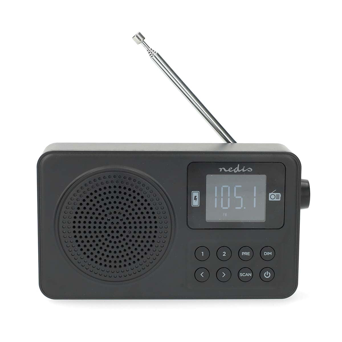 Nedis - FM-radio | Bærbart design | FM | Accu drevet / USB Drevet | Digital | 2 W | Skærmstørrelse: 1.77 " | Sort hvid skærm | Bluetooth® | Hovedtelefonudgang | Vækkeur | Sort - RDFM2225BK