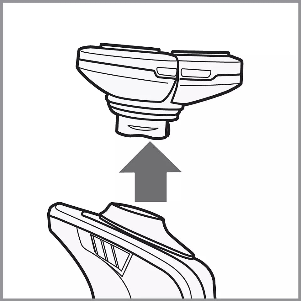 Illustration af Philips RQ10/40 skærhoved med en pil, der peger opad for at indikere, hvordan det monteres på en barbermaskine