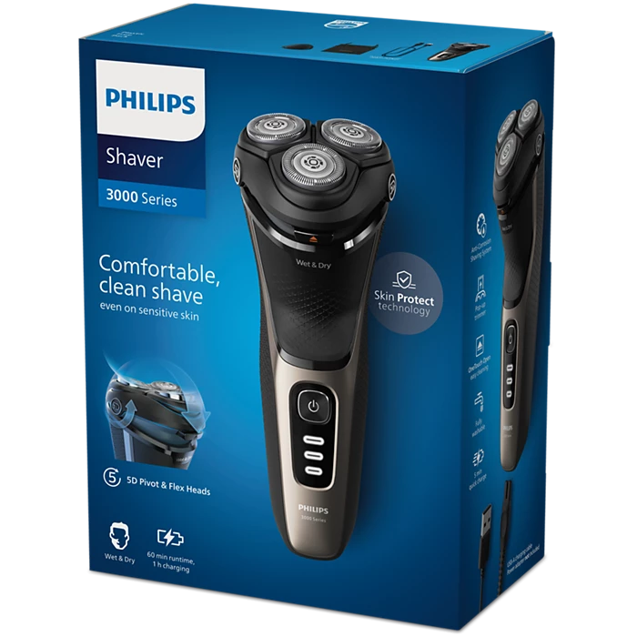 Philips S3242/12 elektrisk shaver til våd og tør barbering fra Shaver 3000 Series med tre skærehoveder der tilpasser sig ansigtets konturer og teknologi der beskytter huden for en komfortabel barbering