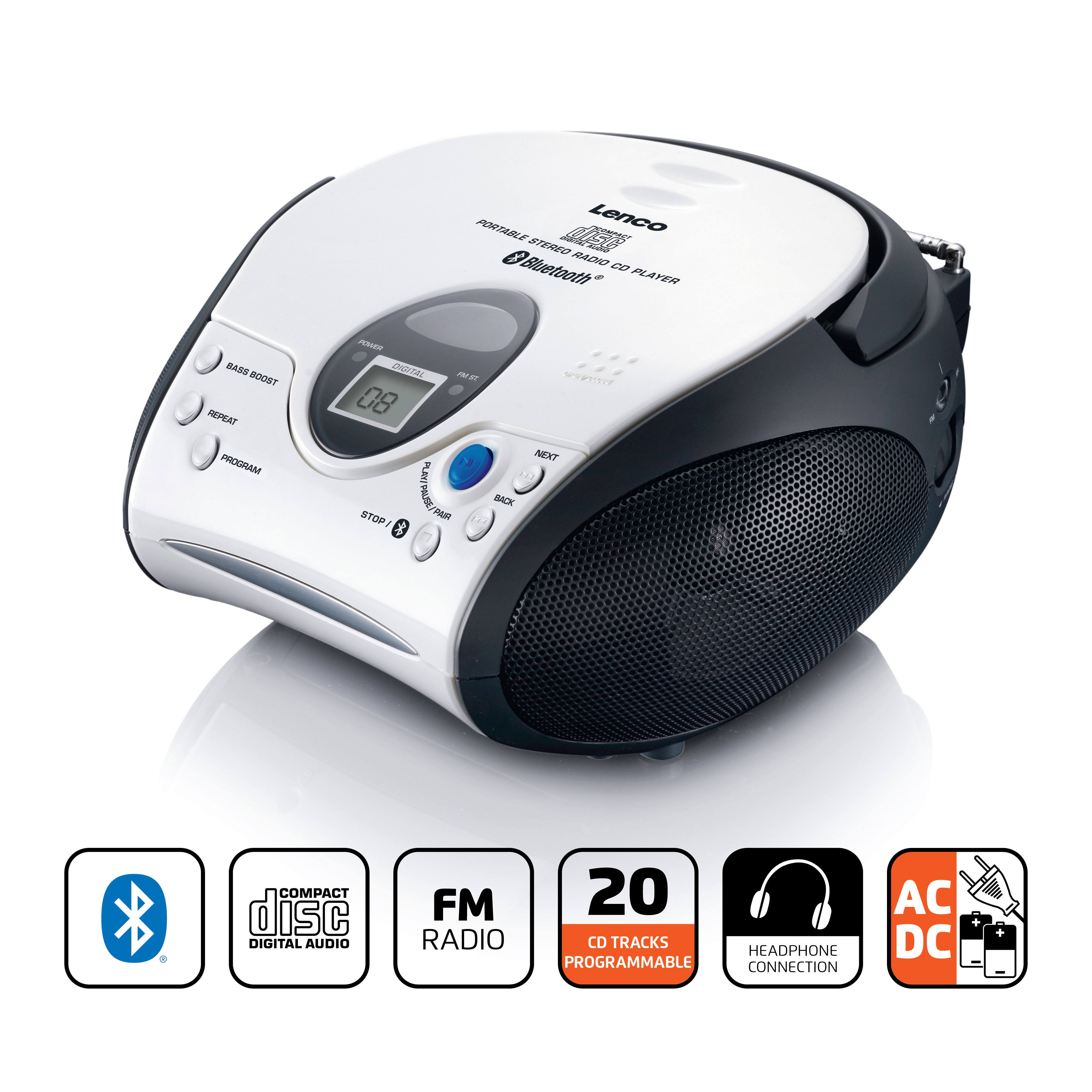 Lenco - Bærbar cd-afspiller med FM-radio og Bluetooth® Hvid / Sort - SCD-24BT WHBK