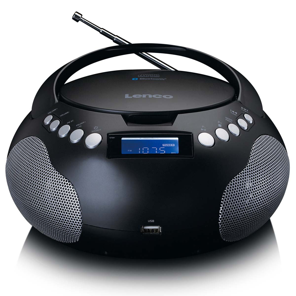 Bærbar Lenco radio i sort farve med CD/MP3-afspiller Bluetooth-funktion USB-port og betjeningsknapper samt LCD-skærm der viser frekvensen