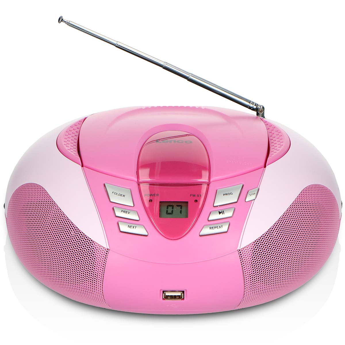 Lenco SCD-37 USB bærbar FM radio og CD afspiller i pink farve med teleskopantenne og kontrolknapper foran samt USB-port