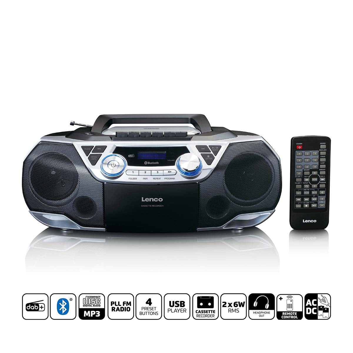 Lenco - Bærbar Boombox med DAB+/FM-radio, Bluetooth®, cd, kassettebåndoptager og USB-afspiller Sølv - SCD-720SI
