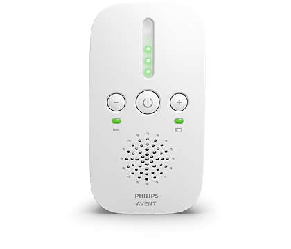 Babyalarm fra Philips Avent SCD503/26 i hvidt design med grønne indikatorlys og kontrolknapper til lydstyrke og tilslutning