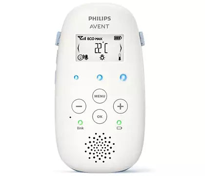 Philips Avent SCD715/26 avanceret DECT-babyalarm med digital skærm knapper til menu og lydstyrke indikator for forbindelse og temperaturmåling i et minimalistisk design i hvid farve
