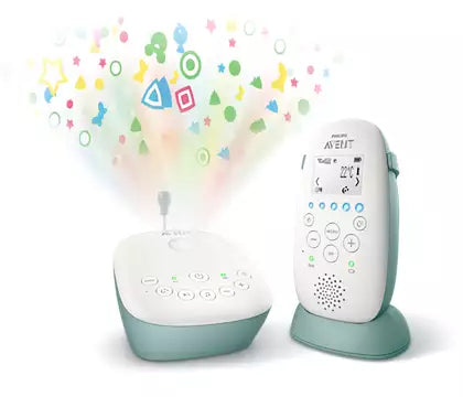 Philips Avent SCD731/26 DECT babyalarm med en enhed der sender lyde og lysprojektion med farverige figurer og en modtager med knapper og display designet til nem brug