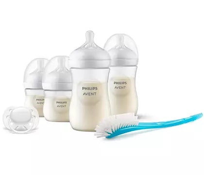 Gavesæt fra Philips Avent til nyfødte med fire flasker, en ultra blød sut og en flaskebørste, alt i hvidt og blåt design