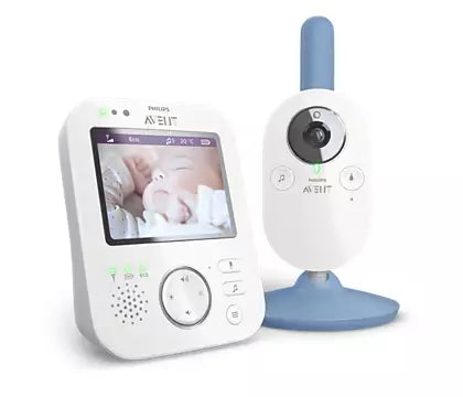 Digital babyalarm fra Philips Avent med video og to enheder i hvid og blå farve enhed til gengivelse af lyd og video samt en mobil enhed til overvågning af babyen med kamera