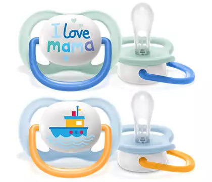 Philips Avent SCF080/01 sutteklodser i to pakker til børn i alderen 0-6 måneder med design af en båd og teksten I love mama i farverne blå og grøn