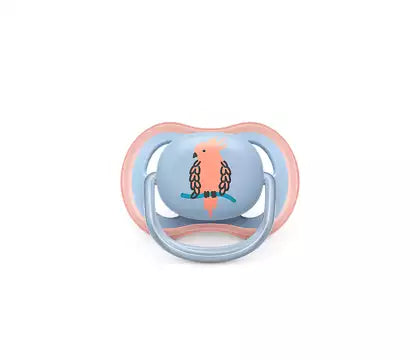 Sut fra Philips Avent i lyse farver med en sød papegøjeillustration designet til børn i alderen 0-6 måneder pakke med to sutteflasker