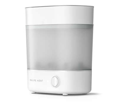 Philips Avent SCF291/00 sterilizer til sutteflasker i hvidt plastmateriale med gennemsigtig front og en knap til betjening på forsiden