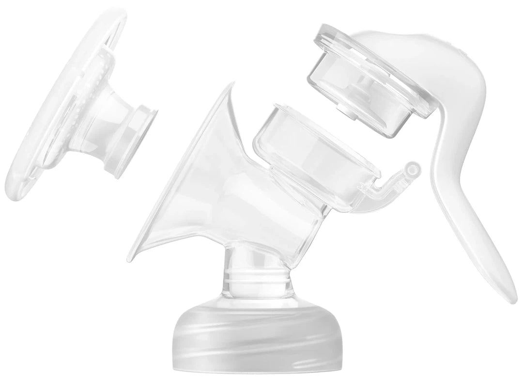 Philips SCF430/01 manuel brystpumpe bestående af flere dele herunder en sugeflade, en pumpemekanisme og en opsamlingsbeholder alle designet i klart plastmateriale