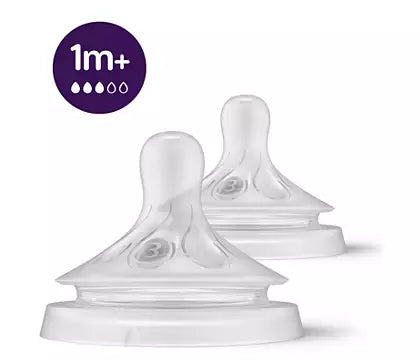 Sut til flasker fra Philips Avent med naturlig respons velegnet til spædbørn fra 1 måned og opad indeholdende to stk i pakken klar og gennemsigtig design