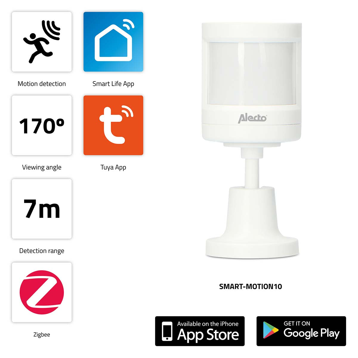 Alecto SMART-MOTION10 Smart Zigbee bevægelsessensor med en hvid krop og gennemsigtig sensorområde har en detektionsvinkel på 170 grader og en rækkevidde på 7 meter den er kompatibel med Smart Life og Tuya apps og tilsluttes Zigbee netværk