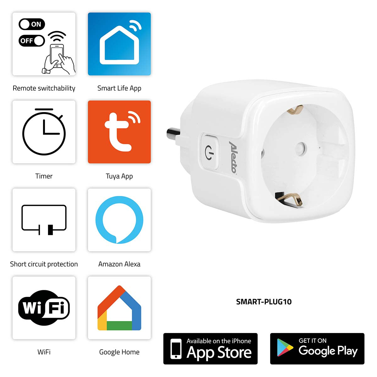 Alecto SMART-PLUG10 smart Wi-Fi stik med 16A og 3680W kapacitet viser forskellige funktioner som fjernbetjening, timer, og kompatibilitet med Smart Life app, Tuya app, Amazon Alexa, Google Home samt WiFi forbindelse.