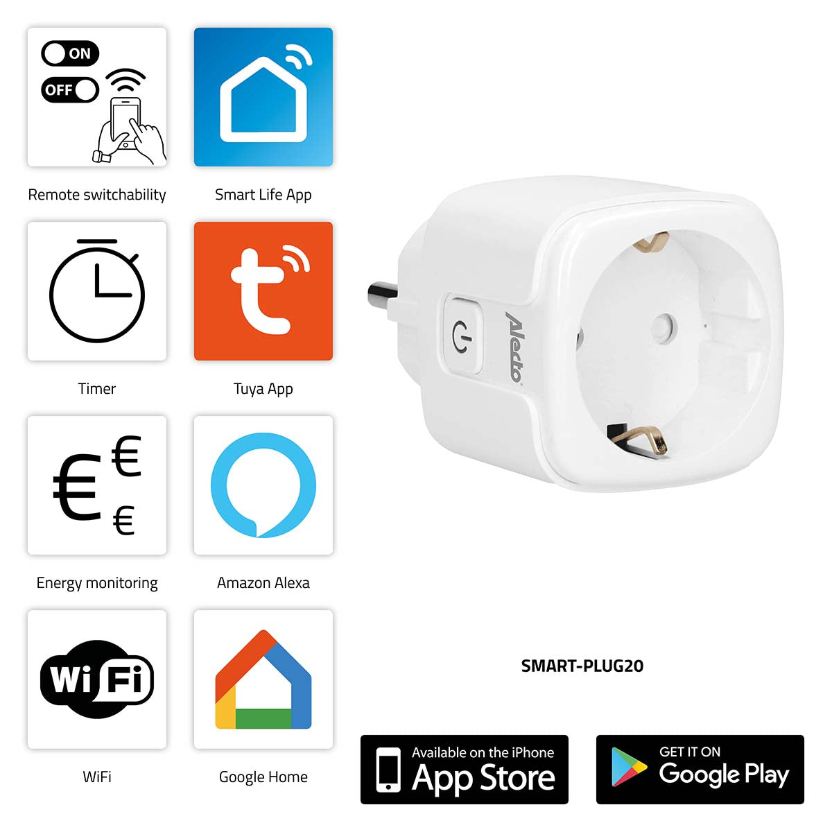 Alecto SMART-PLUG20 smart Wi-Fi-stik med energimonitor i hvid farve viser en stikkontakt med knap og flere ikoner der repræsenterer funktioner som remote switchability, timer, energimonitorering samt kompatibilitet med apps som Smart Life og Tuya samt stemmeassistenter som Amazon Alexa og Google Home