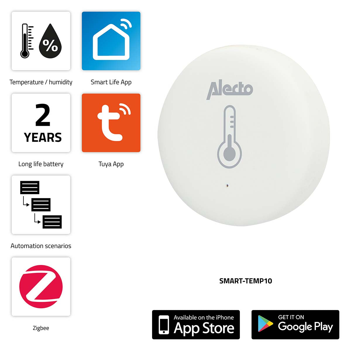 Alecto SMART-TEMP10 smart Zigbee temperatur- og fugtighedssensor med informative symboler for temperatur og fugtighed, Smart Life App, Tuya App, lang batterilevetid, automation scenarier og Zigbee kompatibilitet