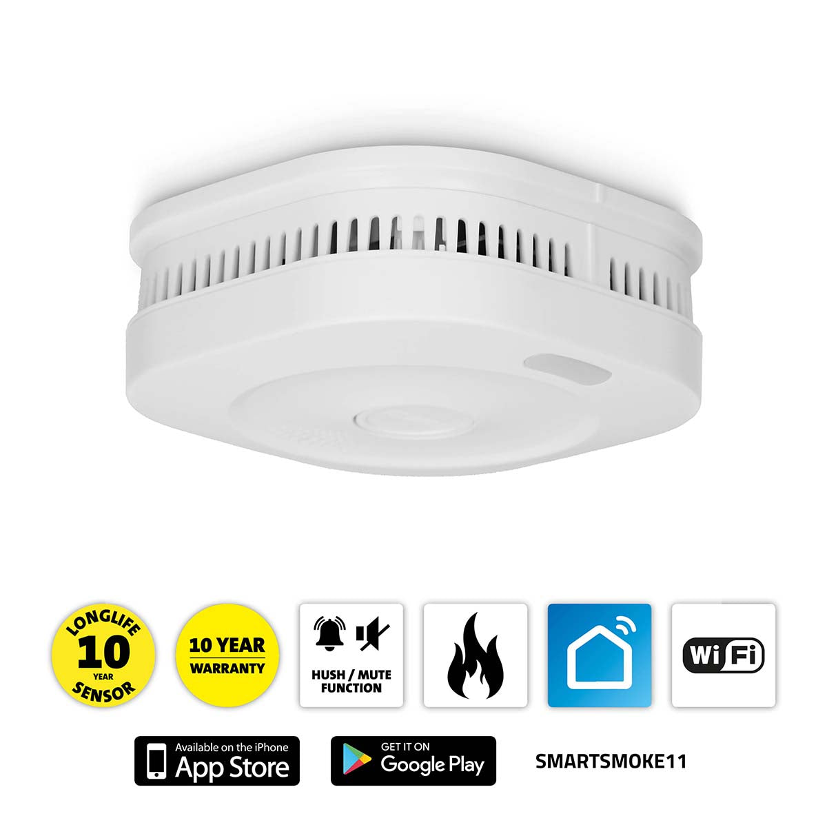 Billede af Alecto SMARTSMOKE11 Wi-Fi smart røgalarm med en rund, hvid design der er monteret på en loftflade. Under alarmen er der ikoner der viser funktioner som lang levetid sensor, 10 års garanti, lydløs funktion, branddetektion og Wi-Fi forbindelse.