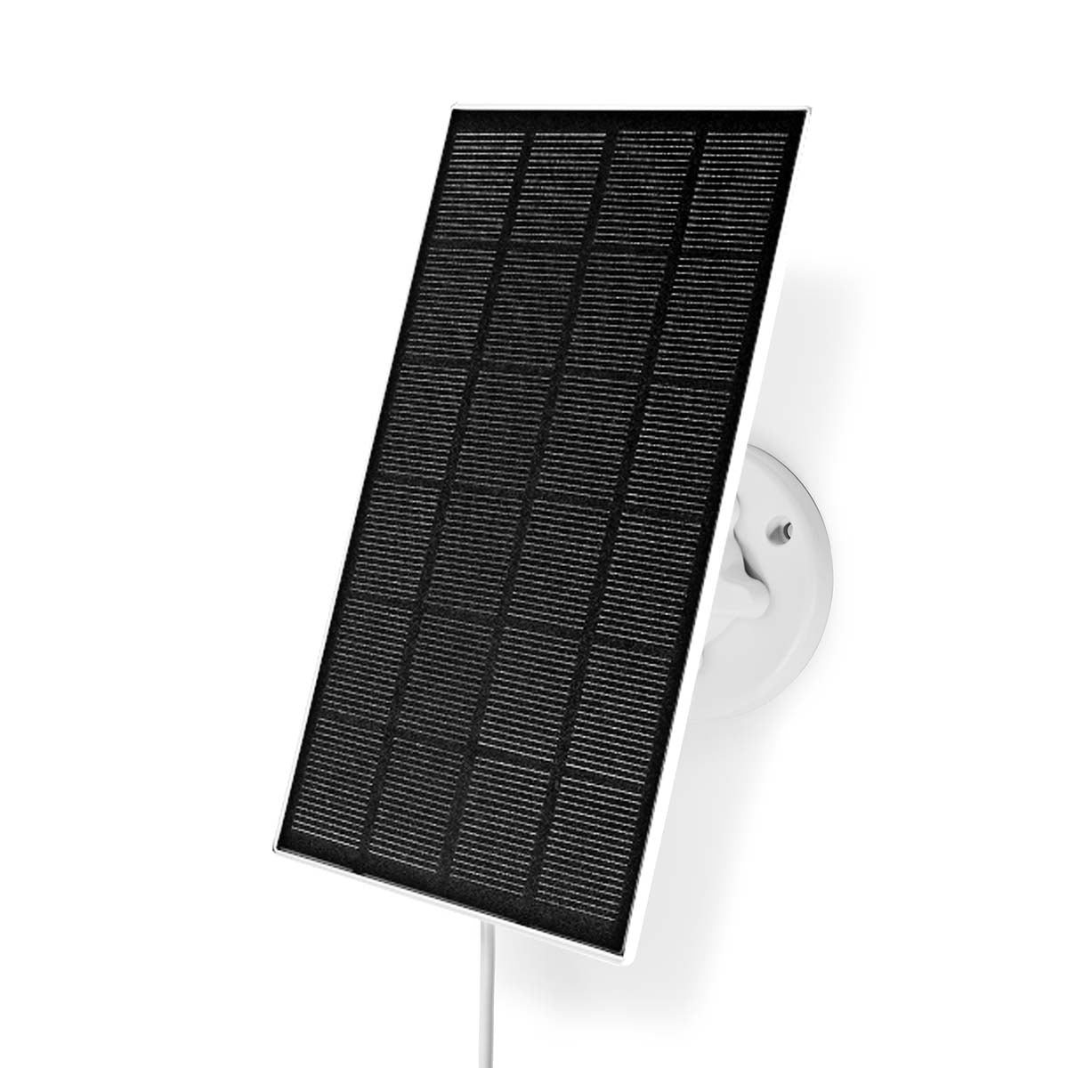 Solpanel fra NEDIS med en spænding på 5.3 V DC og en strømstyrke på 0.5 A, designet med Micro USB tilslutning og en kabellængde på 3.00 m, ideelt som tilbehør til WIFICBO30WT. Panelet er monteret på en hvid vægplade for nem installation.