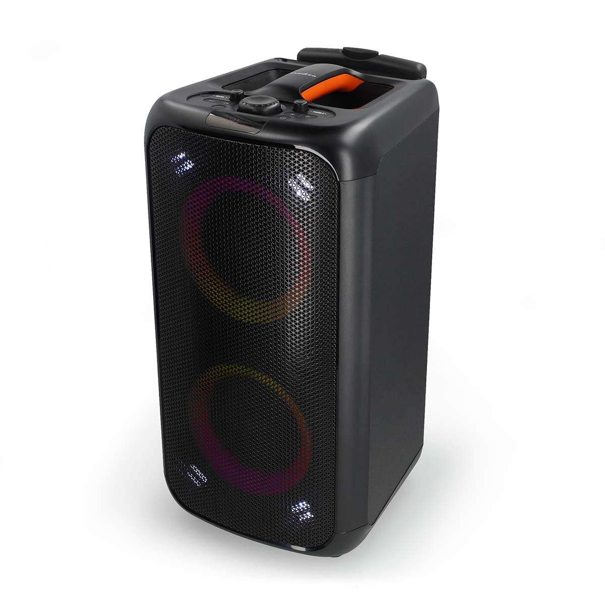 Billedet viser en Nedis Bluetooth Party Speaker i sort og orange med festlys og bære håndtag samt en equalizer og en maksimal batteritid på 5 timer med en effekt på 240 W
