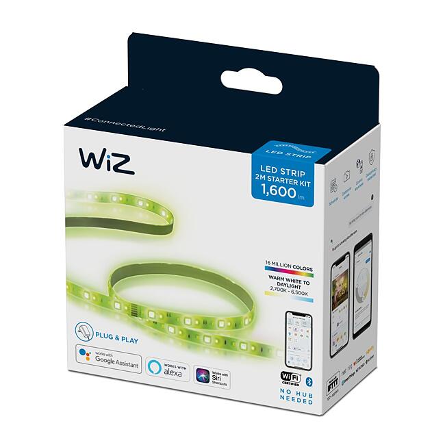 WIZ LED strip startpakke 2 m med detaljer om 16 millioner farver og medieret lys fra varm hvid til dagslys pakket i en farverig boks med billeder af produktet og app-funktioner