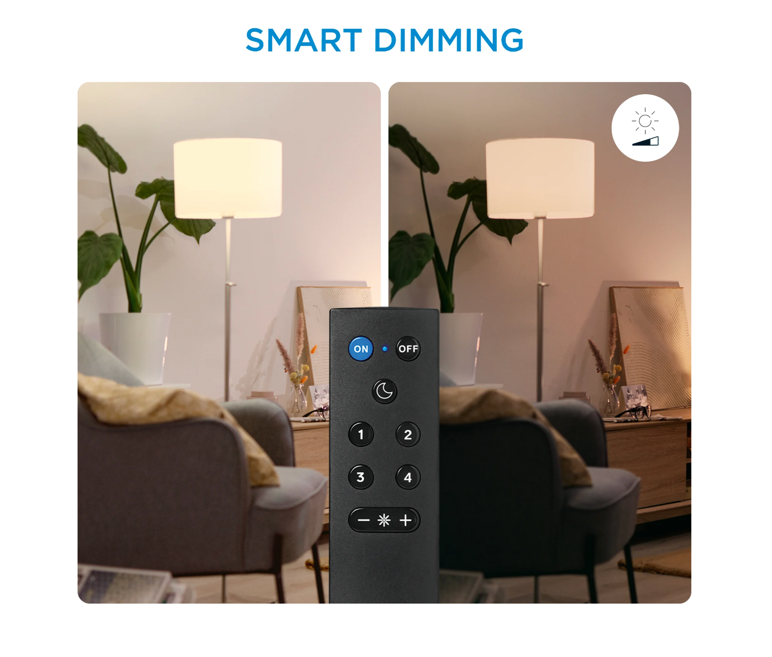 Billede af en fjernbetjening til lysstyring med knapper til tænd/sluk, lysniveauer og smart dæmpning set i en hyggelig stue med en lampe og planter i baggrunden