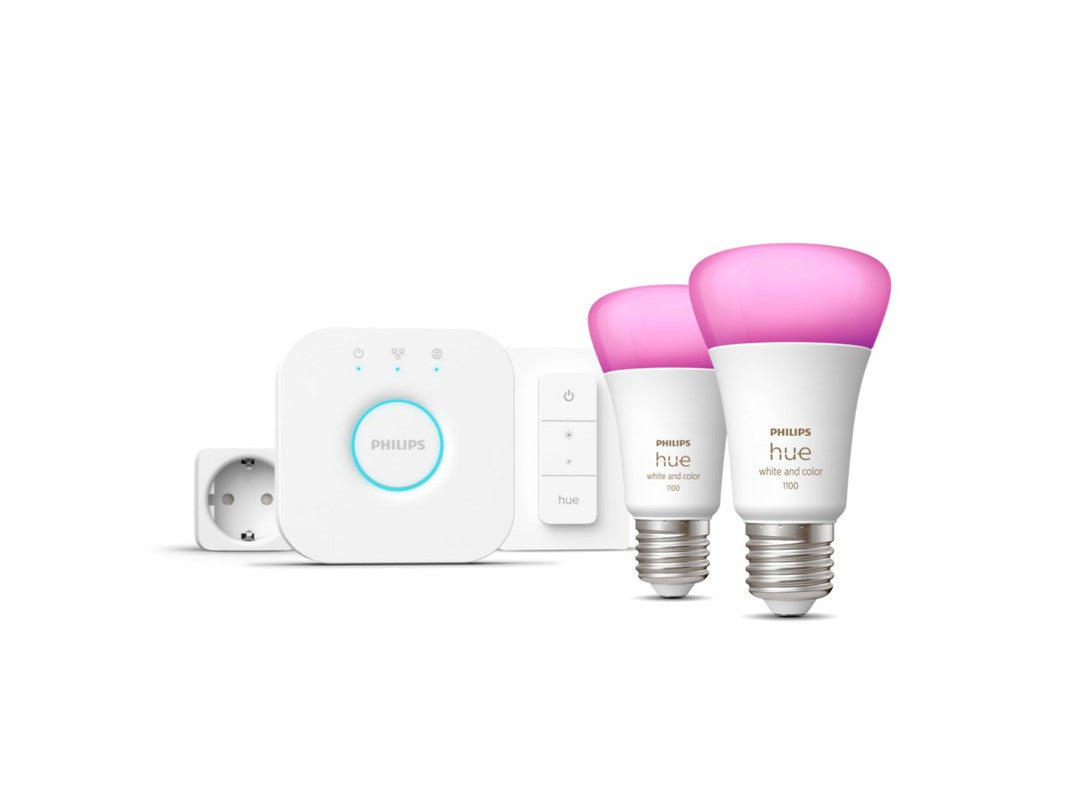 Philips Hue Startsæt 2 x E27 pærer (1100lm) + Dimmer switch + Smart plug