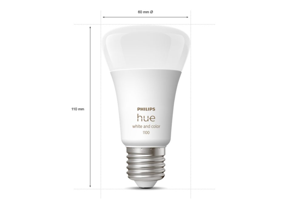 Philips Hue E27 pære med en lysstyrke på 1100 lumen viser design og dimensioner på 60 mm i diameter og 110 mm i højde