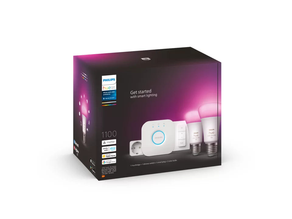 Æske med Philips Hue startsæt indeholdende to E27 pærer på 1100 lumen, en dimmer switch og en smart plug, designet til at give personligt tilpasset belysning med farvet og hvidt lys.